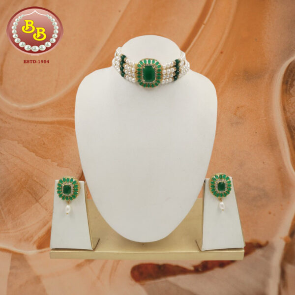 Pearls With Green Color Stone Pendant Choker Set